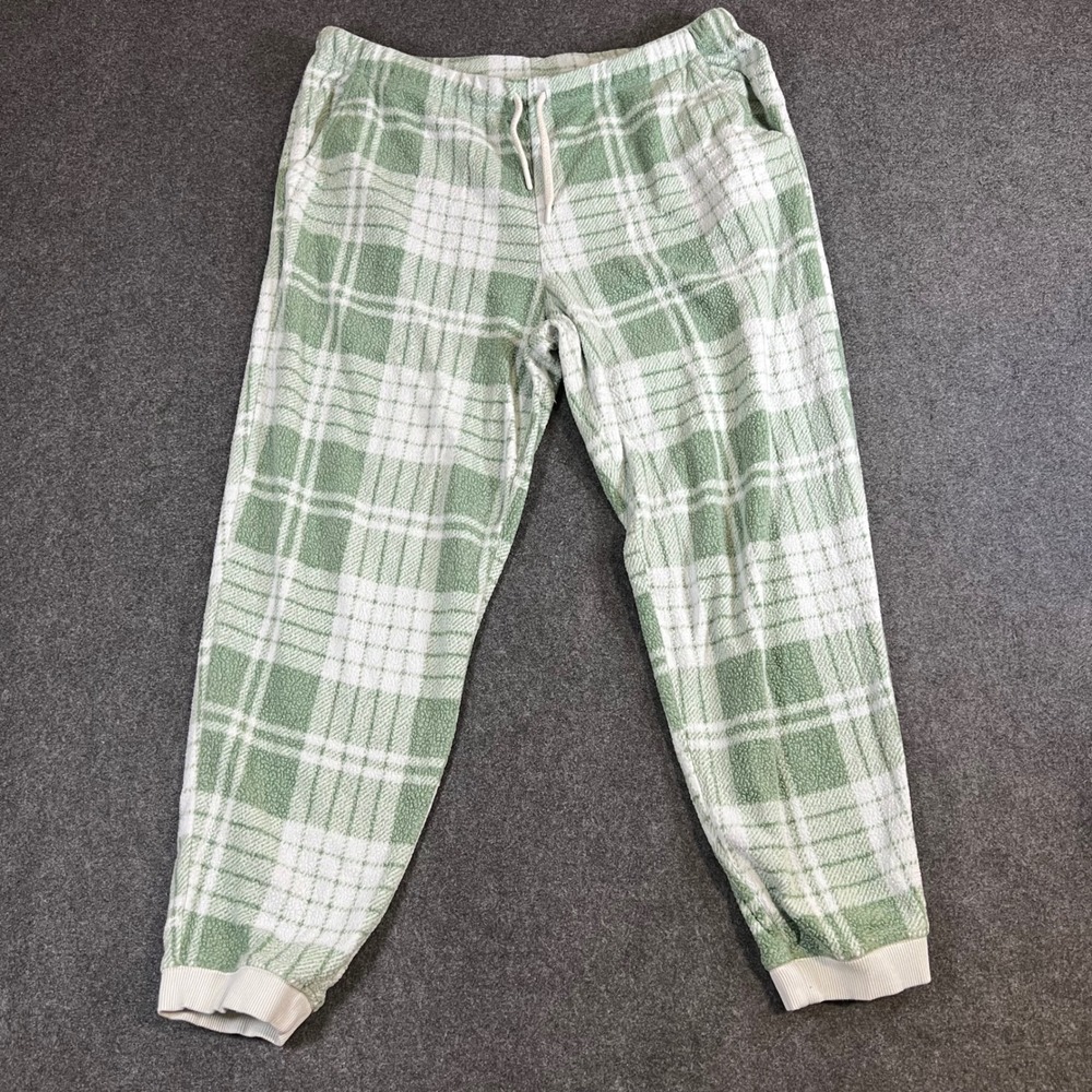 Aerie Plaid Fleece Pajama Joggers Sage Green White XL Regular Lounge Pants